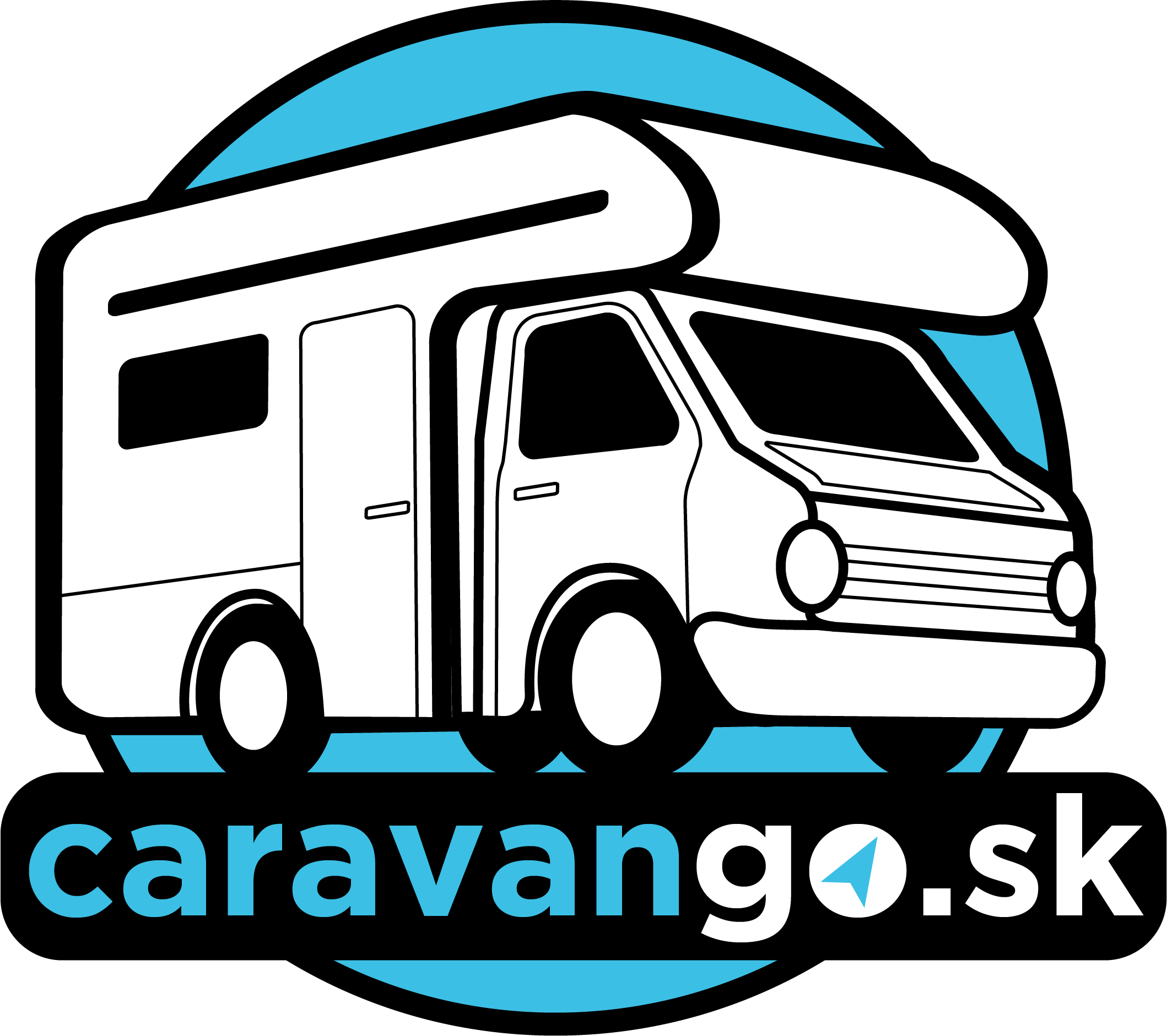 Caravango.sk logo, white caravan in a tealish blue circle with the word "caravango.sk" under it.