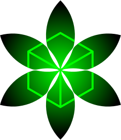 Perunium logo, black green flower with a cube inside.